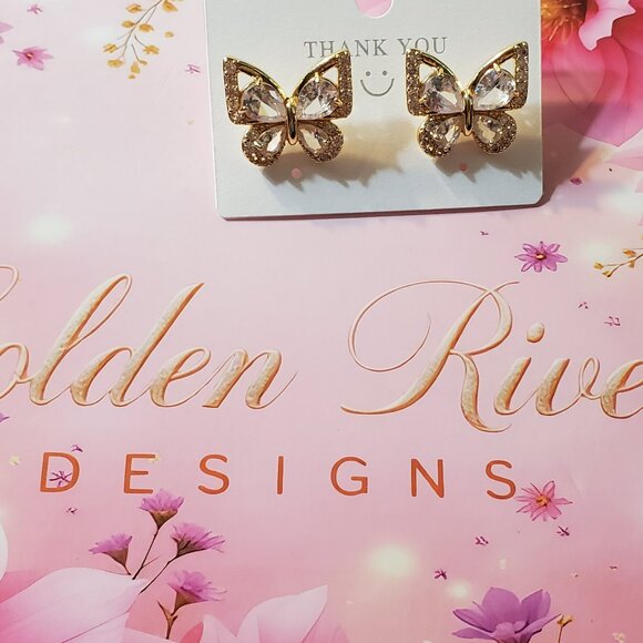 18K Gold Plated Zircon White Butterfly Earrings - Picture 2 of 3